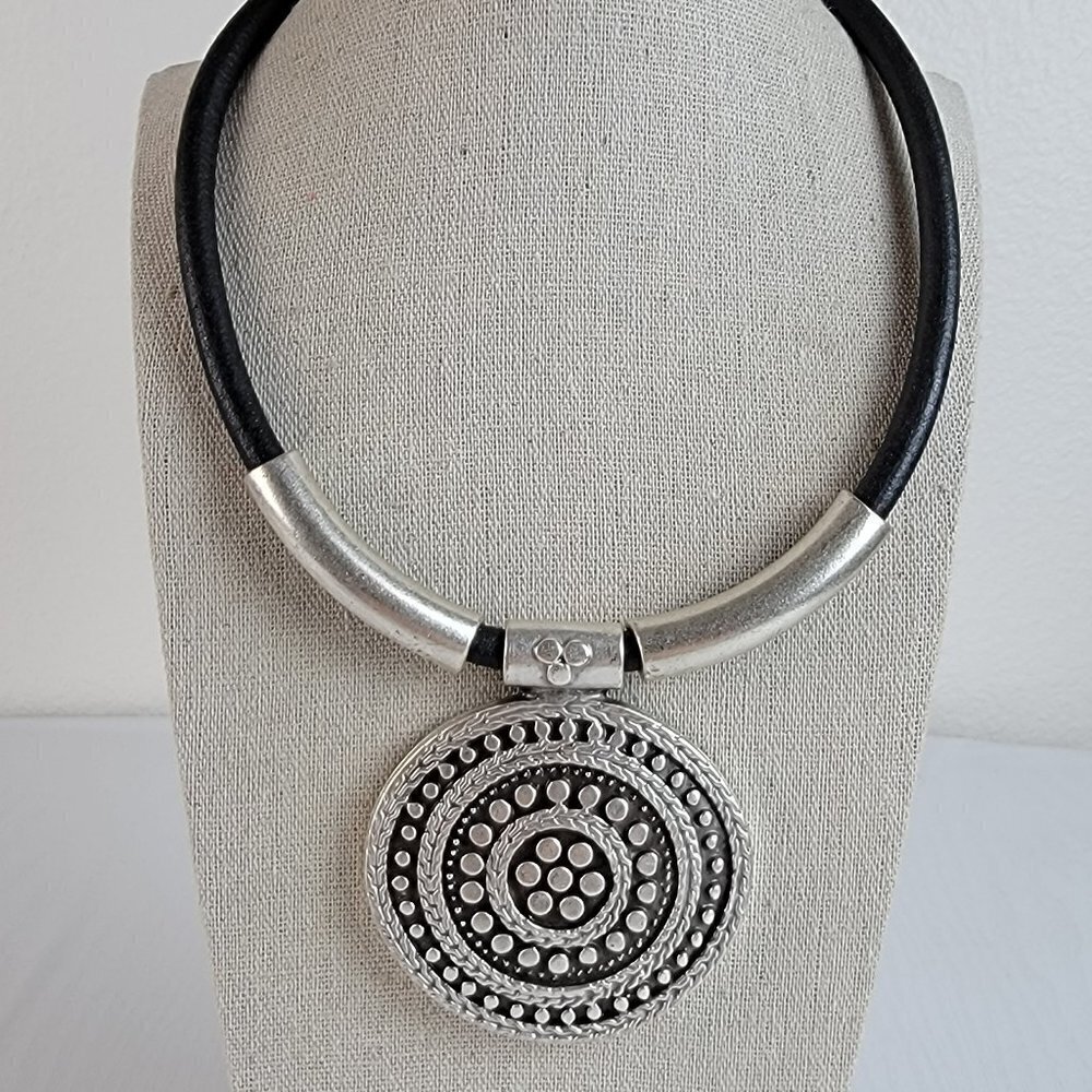 Silver Tone Medallion Pendant Tube Leather Cord Necklace 20" Turkish Ethnic Boho